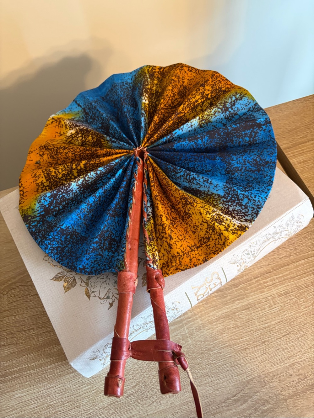 Handheld Fan - Blue and Orange Fabric with Brown Handle